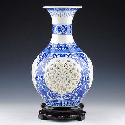 Chinese antique blue and white sculpture hollow out porcelain vase