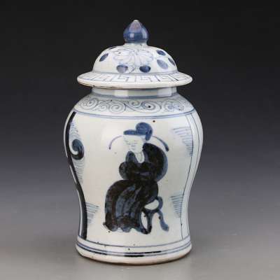 Antique porcelain freehand sketching blue and white Character lines ginger jar