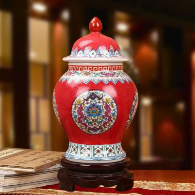 Red colour enamels chinese antique ceramic jar with lid